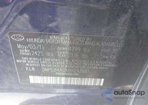 2011 Hyundai Sonata Gls из США, поврежденный, VIN 5NPEB4ACXBH293881